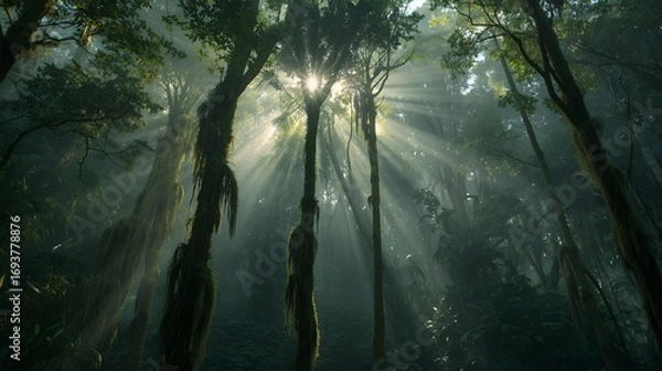 Fototapeta Ethereal sunbeams piercing through the dense canopy of a mysterious and ancient rainforest, creating a serene and magical atmosphere