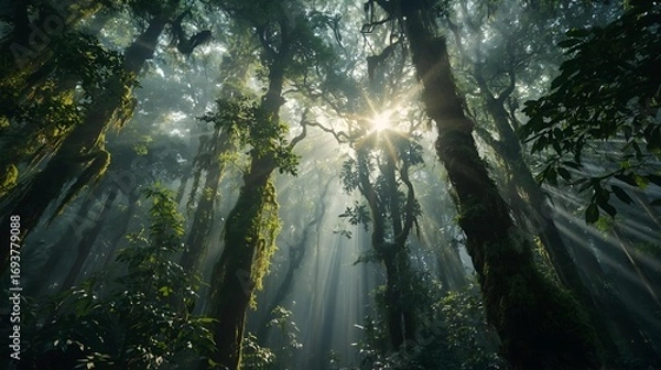 Fototapeta Awe-inspiring view from below of brilliant sunbeams piercing the misty canopy of a serene and ancient primordial cloud forest