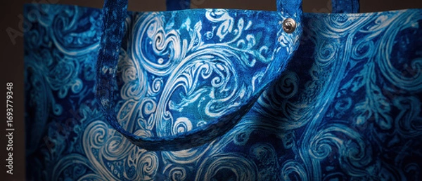 Fototapeta Blue tote bag with swirling pattern design, made from plastic material