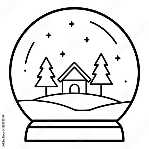 Fototapeta Black and white outline illustration of a winter snow globe scene with a house and fir trees drawing