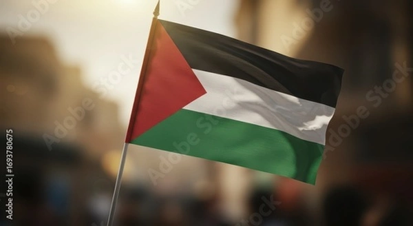 Fototapeta Symbol of Identity: A vibrant Palestinian flag proudly waves against the backdrop of a bustling street scene, bathed in the warm glow of natural light.