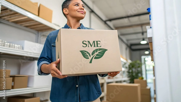Fototapeta Micro ESG Reporting SMEs A person holds a cardboard box labeled SME with a leaf logo in a warehouse or storage room.