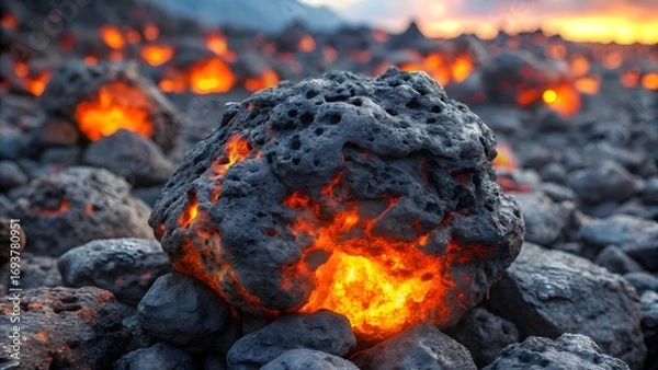 Fototapeta Molten lava glow illuminates jagged volcanic rock formations under a dramatic twilight sky