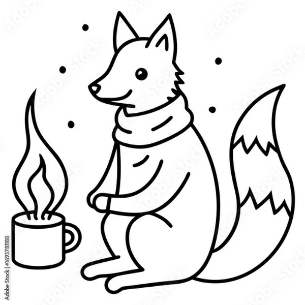 Fototapeta Cute cartoon fox wearing a scarf sitting by a cup of hot beverage creating a warm wintery scene line art illustration
