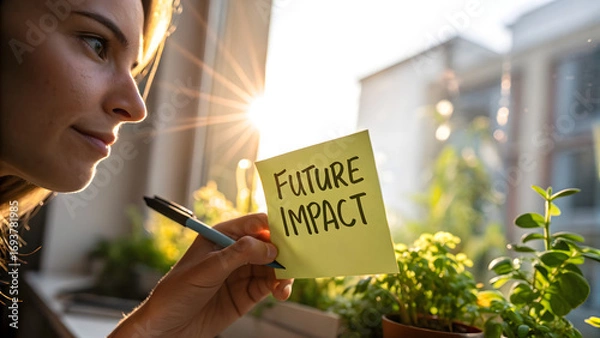 Fototapeta Micro ESG Reporting SMEs Woman holds a "Future Impact" sticky note by a sunny window surrounded by plants.