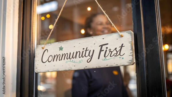 Fototapeta Micro ESG Reporting SMEs Wooden sign reading “Community First” hanging on a door, with a smiling person blurred in the background.