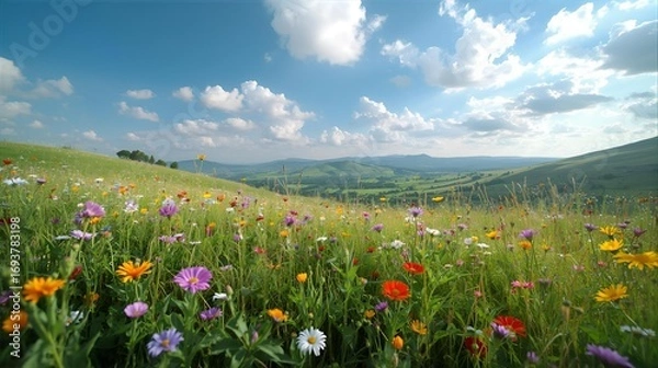Fototapeta A vibrant wildflower meadow flourishes under a bright blue sky, painting a serene rural landscape with natural beauty and colorful summer blooms