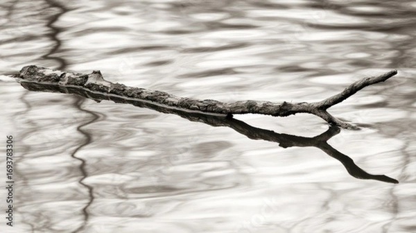 Fototapeta Monochrome depiction of a floating branch and its reflection in serene water surface