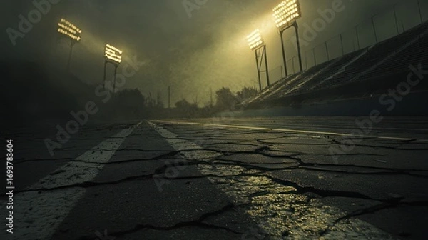Fototapeta Eerie stadium illuminated in fog showcasing cracked asphalt and ghostly bleachers