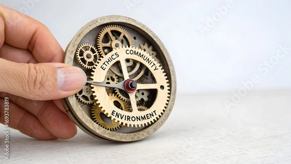 Fototapeta Micro ESG Reporting SMEs A hand holding metal gears labeled ethics, community, and environment, symbolizing interconnected values.