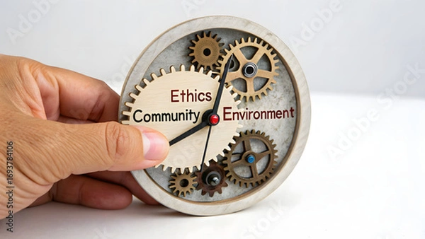 Fototapeta Micro ESG Reporting SMEs A hand holds a wooden gear clock labeled Ethics, Community, Environment, symbolizing interconnected values.