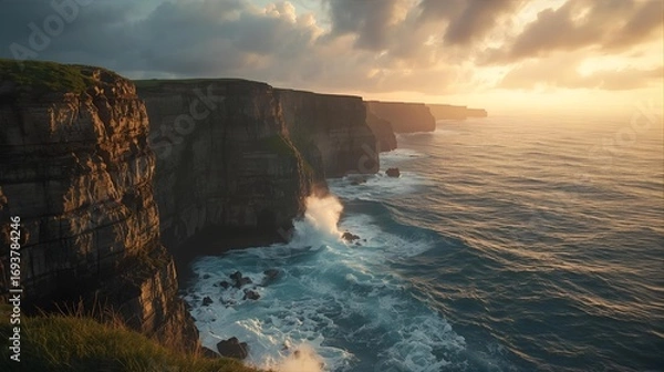 Fototapeta Dramatic Cliffs at Sunset, Ocean Waves Crashing Against Rugged Coastline