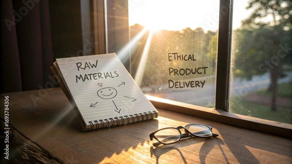 Fototapeta Micro ESG Reporting SMEs Notebook and glasses on a table by a sunny window, highlighting ethical product delivery and raw materials.