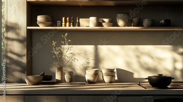 Fototapeta Sunlit kitchen serenity showcasing artisanal ceramics and natural light interplay creating