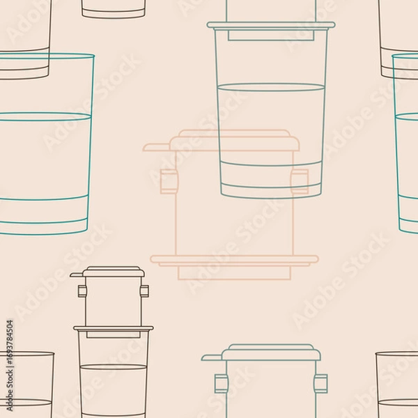 Fototapeta Editable Outline Vietnamese Drip Coffee With Glass Mugs Vector Illustration as Seamless Pattern for Creating Background of Cafe With Vietnamese Culture and Tradition Related Design