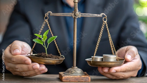 Fototapeta Micro ESG Reporting SMEs A person balances a scale with a plant on one side and coins on the other, symbolizing sustainability and finance.
