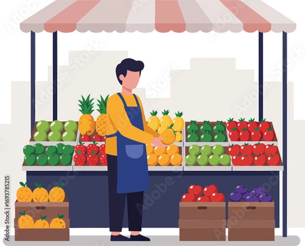 Fototapeta Fruit vendor at a market stall with fresh produce.