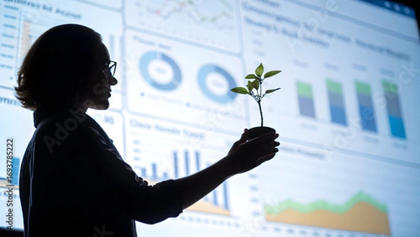 Fototapeta Micro ESG Reporting SMEs Silhouette of a person holding a plant in front of digital graphs and data charts on a screen.