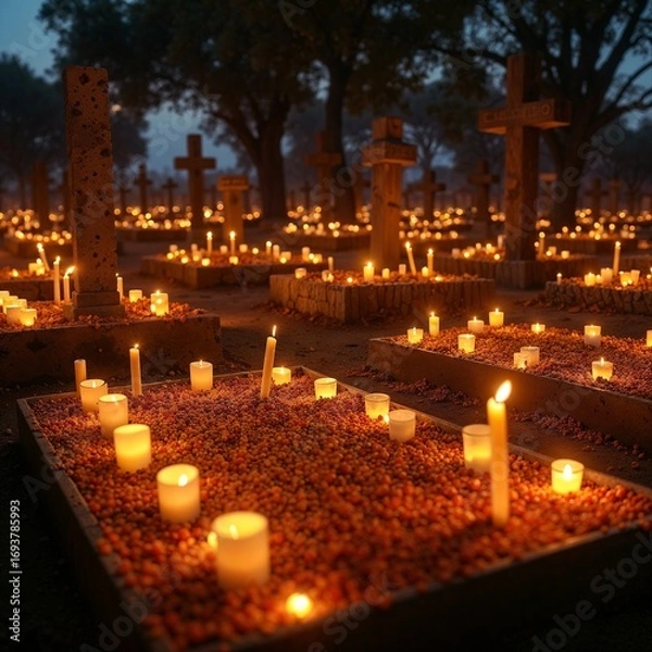 Fototapeta Cemetery graves in somber style in orange and black colors representing Day of the Dead rituals