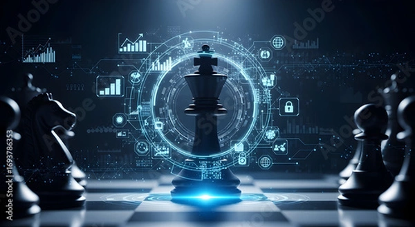 Fototapeta Strategic chess king with glowing digital data overlay ready for a dynamic business planning concept