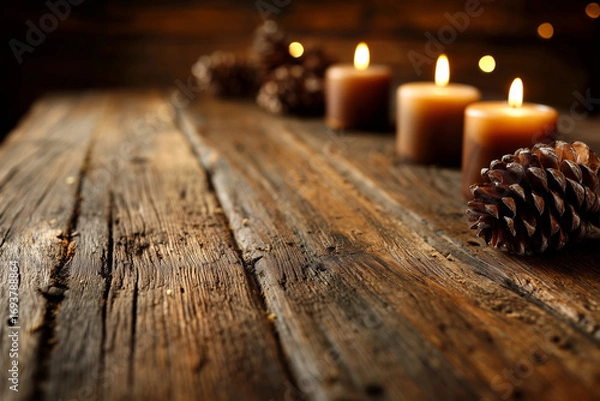 Fototapeta A wooden table with candles and pine cones on it