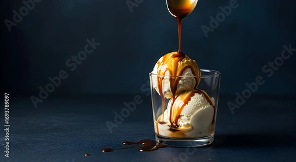 Fototapeta Delicious Affogato Dessert with Vanilla Ice Cream and Chocolate Coffee Drizzle on a Dark Blue Background.
