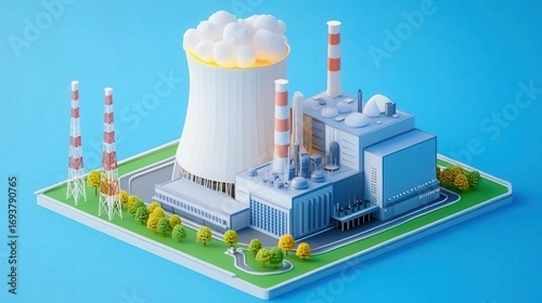 Fototapeta View Of power plant producing energy with tower, creating future energy.