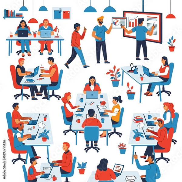 Fototapeta Office Workplace Illustration People Working and Collaborating