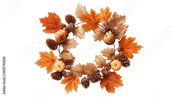 Fototapeta Enjoy fall with a wreath of leaves and pumpkins, created AI, PNG