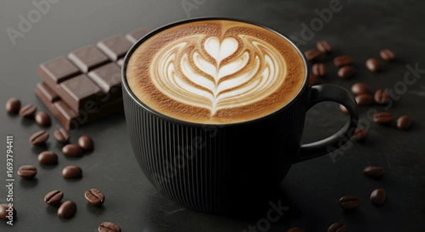 Fototapeta Beautiful latte art with a heart-leaf design in a stylish black ribbed cup, surrounded by chocolate bar pieces and coffee beans.
