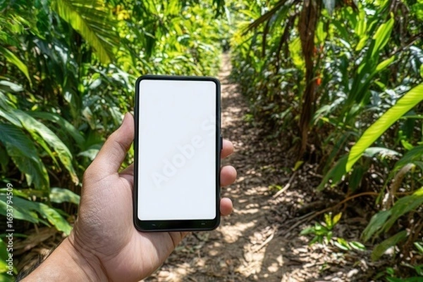 Fototapeta Capture Nature Beauty, Mobile Device on Forest Trail, Digital Nature Exploration
