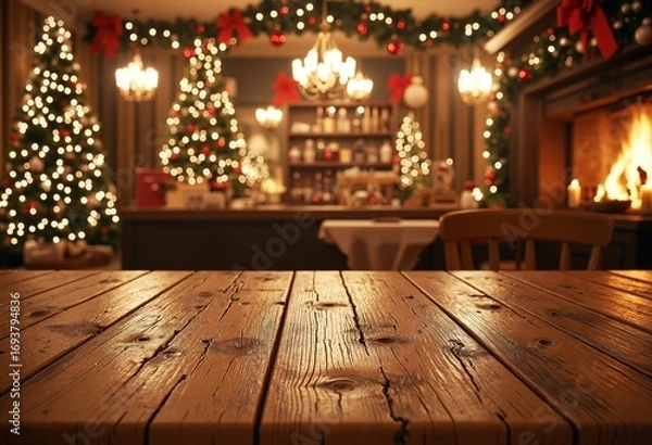 Fototapeta Empty wooden table with christmas theme in background