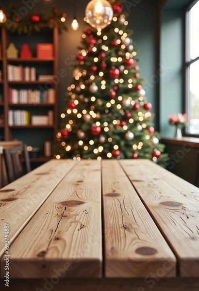 Fototapeta Empty wooden table with christmas theme in background