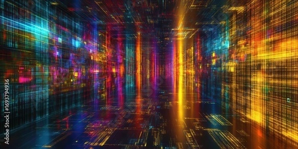 Fototapeta Explore Digital Labyrinth Of Data Stream and Network Structure With Information