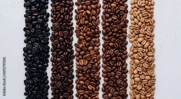 Fototapeta Five distinct vertical rows of roasted coffee beans showcasing a beautiful gradient of roast levels from light to dark.