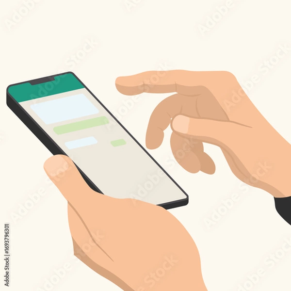 Fototapeta Flat cartoon illustration of holding smartphone with finger pointing at screen