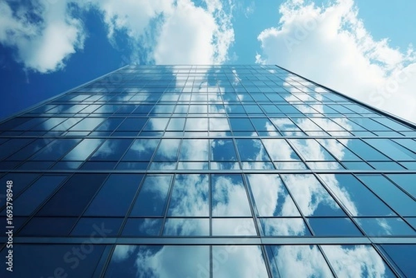 Fototapeta Sky Reflection, Modern building reflects the sky and clouds on glass windows.