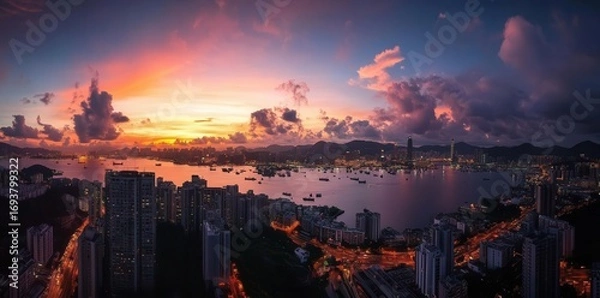 Fototapeta City Lights Glow at Twilight, Creating Urban Scenery Panorama View