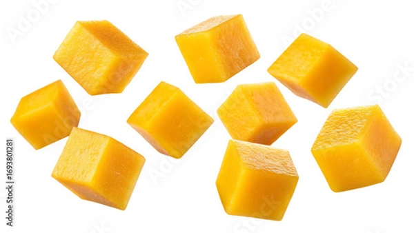 Fototapeta Juicy Mango Cubes Falling on white background