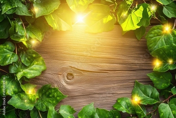 Fototapeta Green Vines Frame on Rustic Wood Board with Bokeh Effect Creates Natural Ambiance