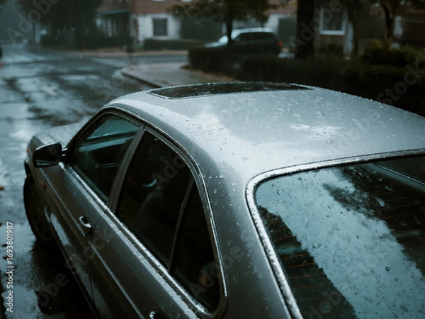 Obraz Close-up view of a silver car covered with raindrops parked on a wet street during rainy weather. Perfect for concepts of rainy day atmosphere, urban transportation, reflective surfaces, weather
