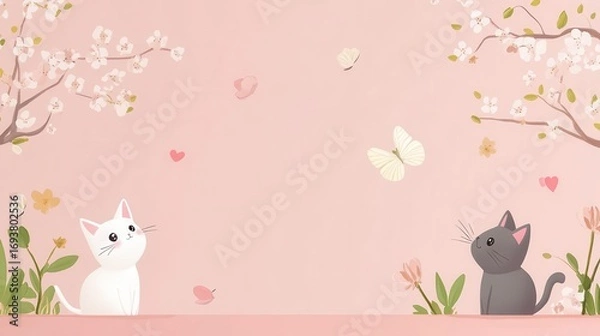 Fototapeta Cats Enjoying Spring Among Flowers and Butterflies in a Whimsical Setting