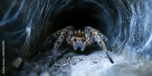 Fototapeta A predator waits, with a deadly web and arachnid lurking in the shadows