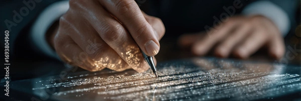 Fototapeta Hand holding pen interacts with digital hologram on tablet