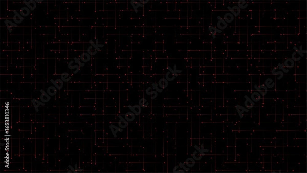 Fototapeta futuristic digital technology background with interconnected red dots and lines on black grid network abstract cyber design for modern science data and virtual communication concept