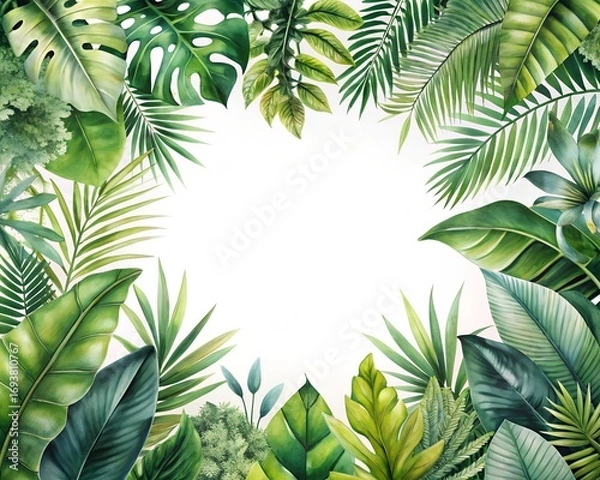 Fototapeta Watercolor tropical jungle leaf border with lush green foliage, isolated on white background