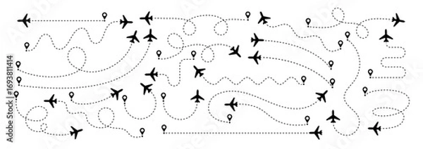 Fototapeta Plane routes. Airplane way line. Dashed lines airplane icons, travel trace, flight path, map pin, location navigation, transport track, aircraft silhouette flying. Vector set