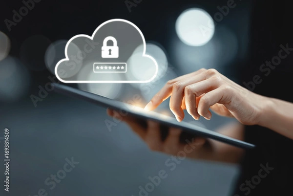 Obraz Cloud data security concept. User accessing secure cloud storage with password protection. Cybersecurity, privacy, cloud encryption, and secure data access via tablet. generative ai