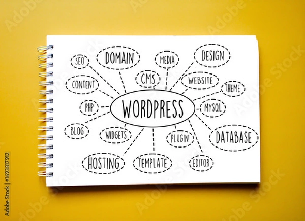 Fototapeta WordPress mindmap showing interconnected terms like hosting, seo, database, editor, etc.