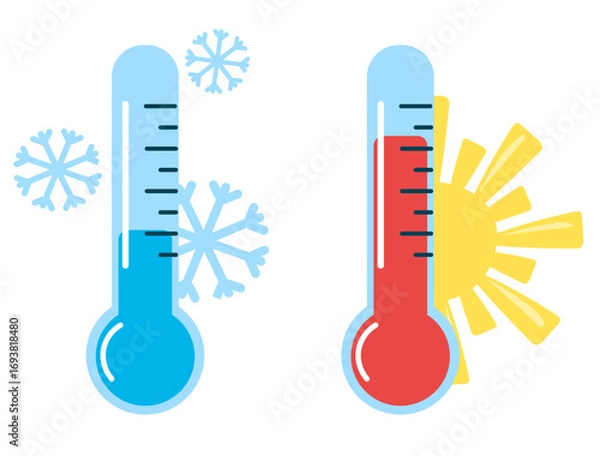 Fototapeta Hot and cold weather indicator, vector illustrations. Extreme Heat, high temperature on measuring sсale. Meteorological measurements weather in summer and winter thermometr